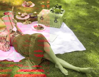 Lady in a red dress reclining on a picnic blanket next to a basket of treats