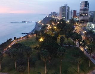 Aerial view of the Pacific Ocean and the Miraflores District, Lima, Peru